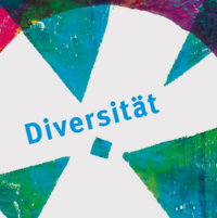 Eine wei&szlig;-lila-t&uuml;rkise Prismenzeichnung mit dem t&uuml;rkisen Wort Diversit&auml;t.