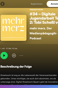 Ein Screenshot von einer Spotify-Seite des mehr merz. Podcasts. Digital-Streetworker Tobi ist im Gespr&auml;ch.