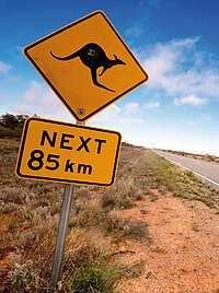 gelbes Schild mit einem K&auml;nguru-Symbol und mit der Angabe unterhalb Next 85 km; in der Mitte eine Stra&szlig;e verliert sich in die Ferne