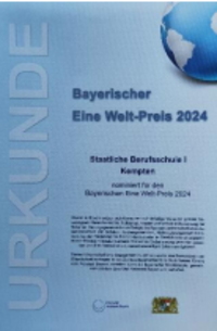Urkunde f&uuml;r den Eine-Welt-Preis, welche die Berufsschule Kempten erhalten hat