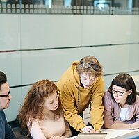 Eine junge Person zeigt den Mitarbeitenden etwas am Laptop