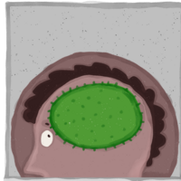 Zeichnung eines Menschenprofils, das Gehirn wurde durch einen gr&uuml;nen Coronavirus ersetzt . 