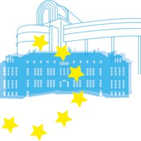 Zeichnung des Geb&auml;udes des EU-Parlaments, davor ein dreiviertel voller Kranz der EU-Sterne